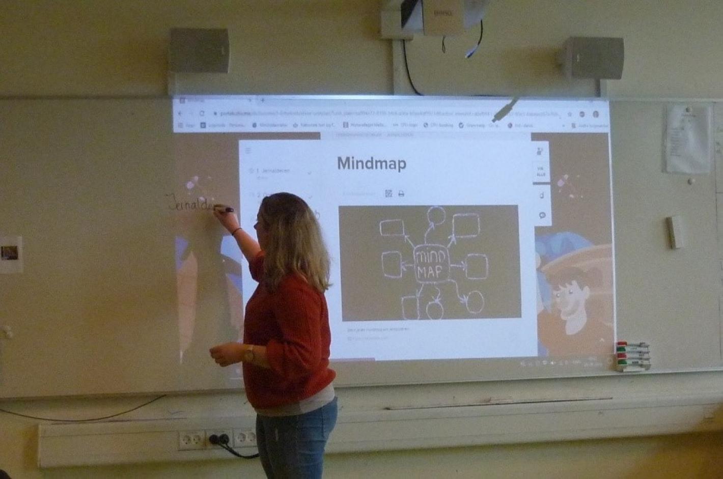 Lærer forklarer eleverne om brugen af værktøjet mindmap, som findes på Clio Online, i forløbet om jernalderen. Foto: Jens Pietras, 2019