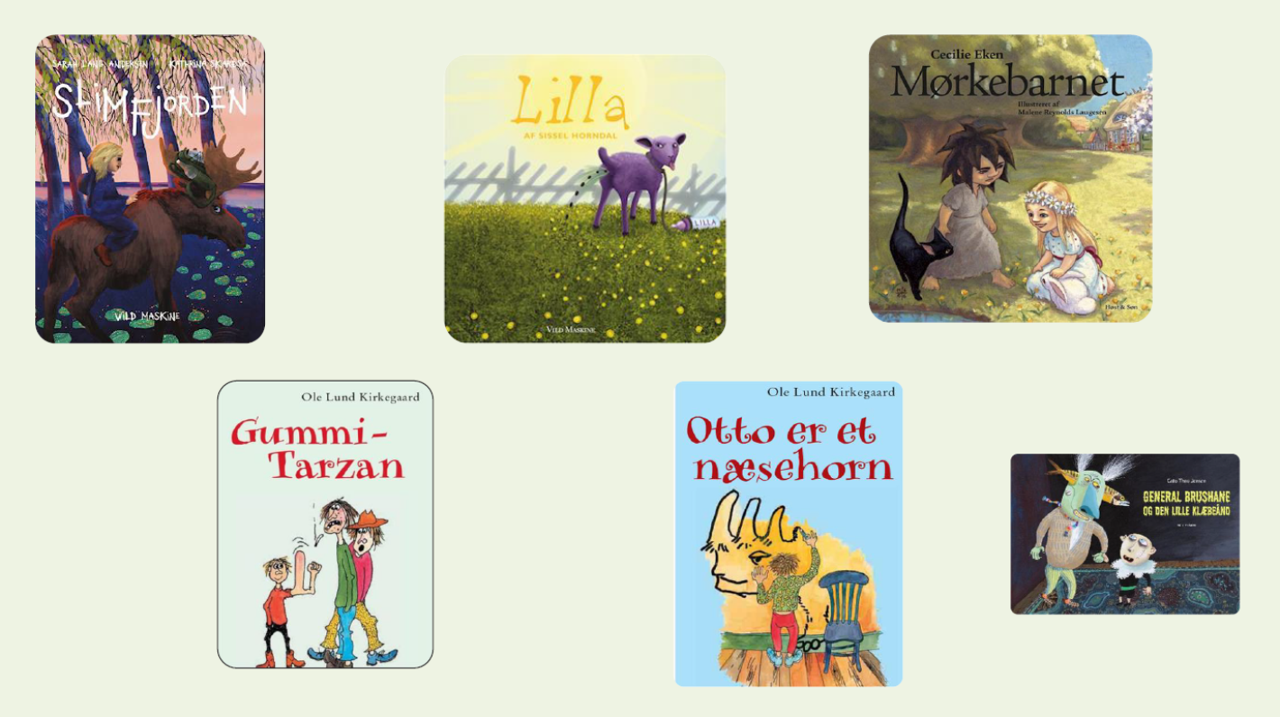 Lydbøger: Slimfjorden, Lilla, Mørkebarnet, Gummi-Tarzan, Otto er et næsehorn, General Brushane og den lille klæbeånd